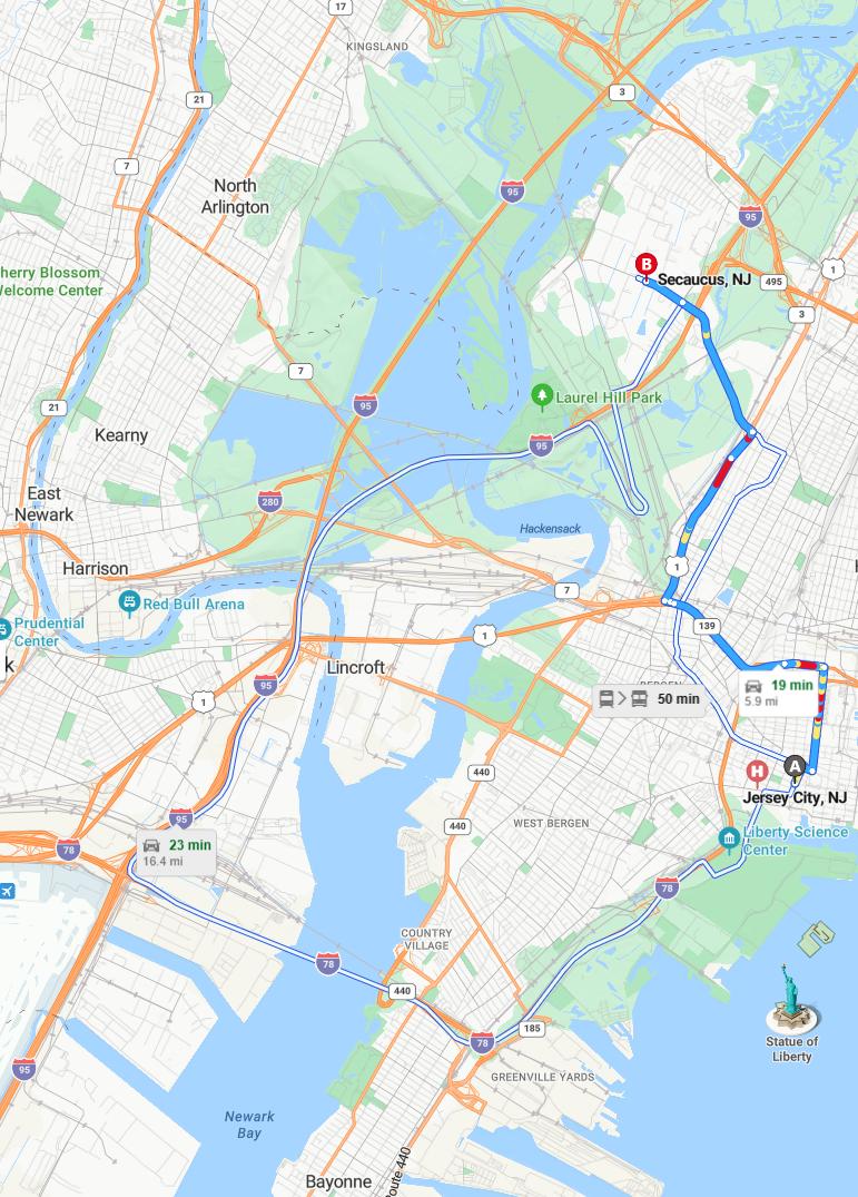 driving from Jersey City, New Jersey to SecaucusNew Jersey - map and route