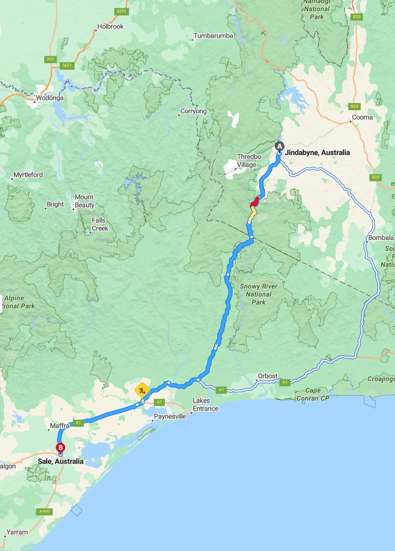 driving from Jindabyne, New South Wales to SaleVictoria - map and route