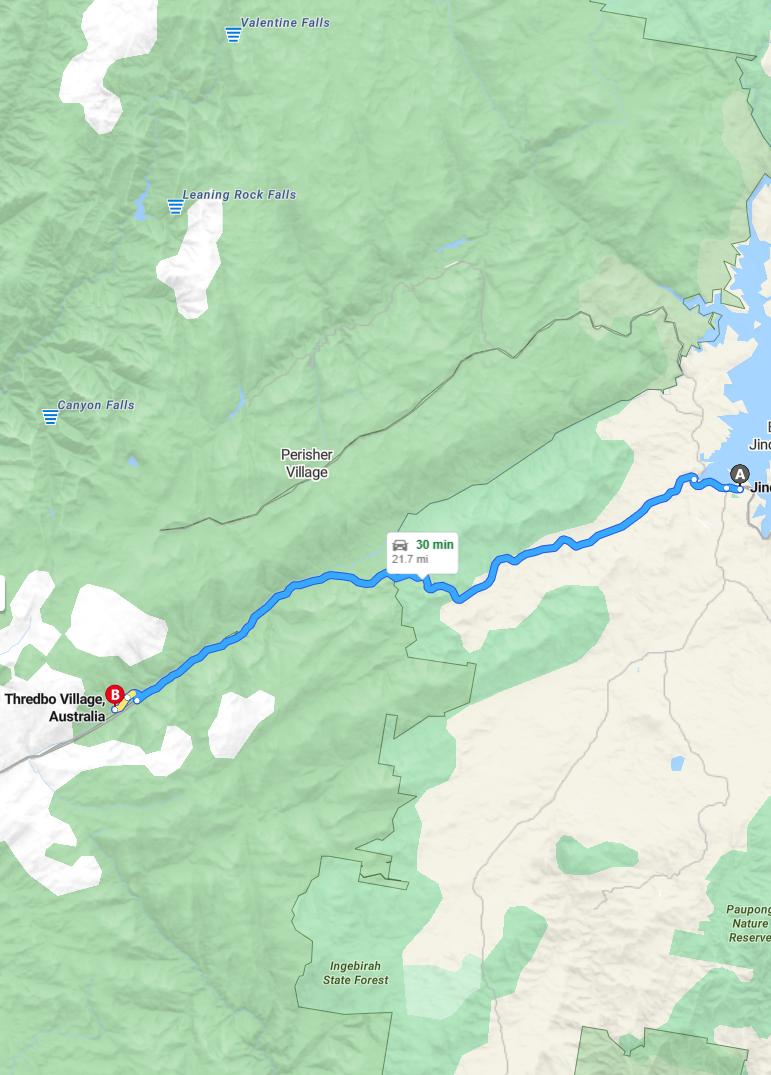 driving from Jindabyne, New South Wales to ThredboNew South Wales - map and route