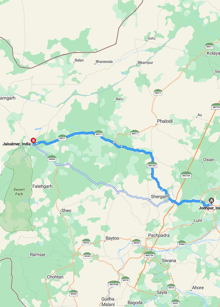 driving from Jodhpur, Rajasthan to JaisalmerRajasthan - map and route