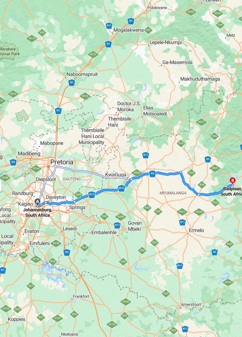 driving from Johannesburg, Gauteng to BadplaasMpumalanga - map and route