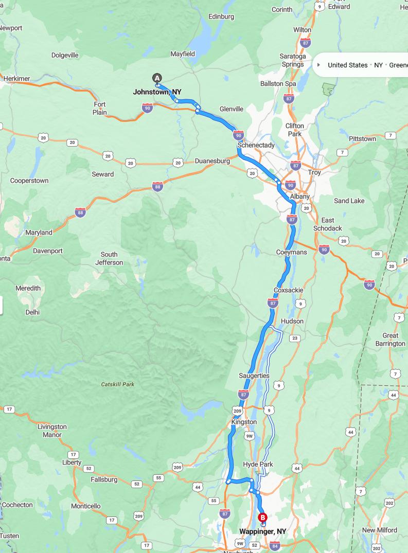 driving from Johnstown, New York to WappingersNew York - map and route