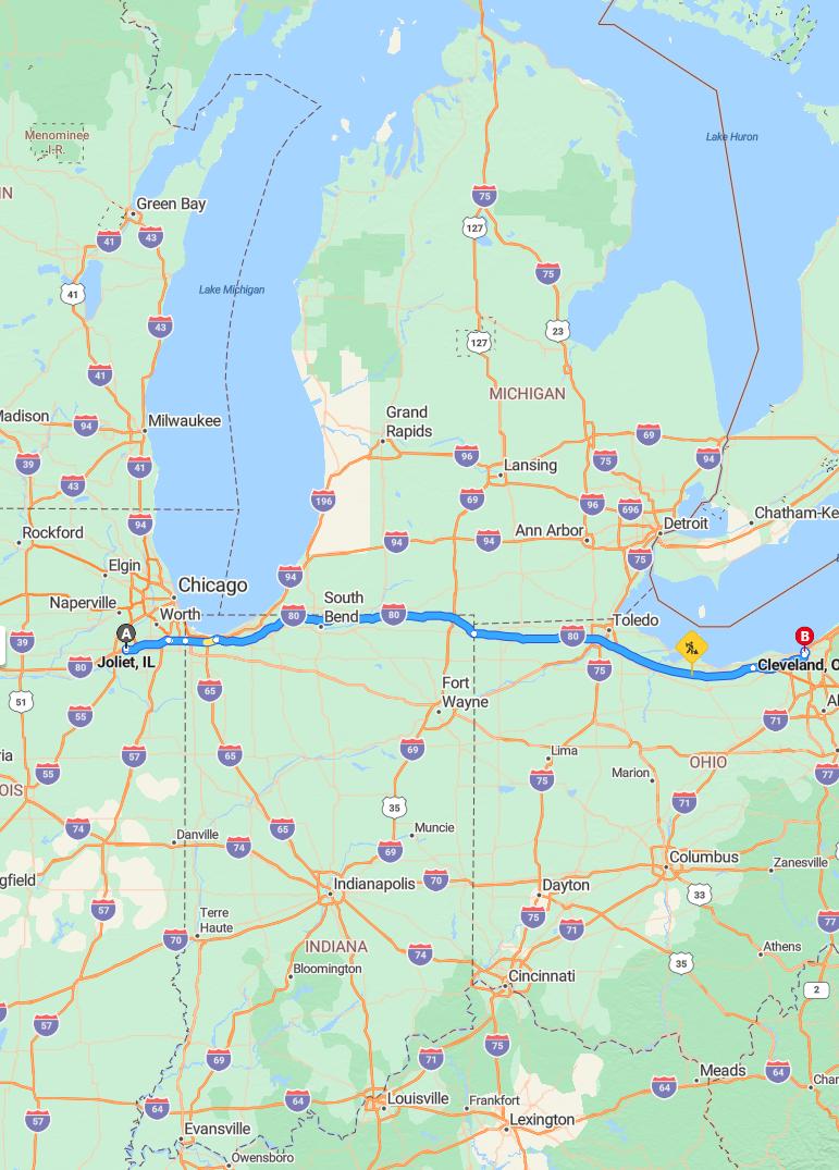 driving from Joliet, Illinois to ClevelandOhio - map and route