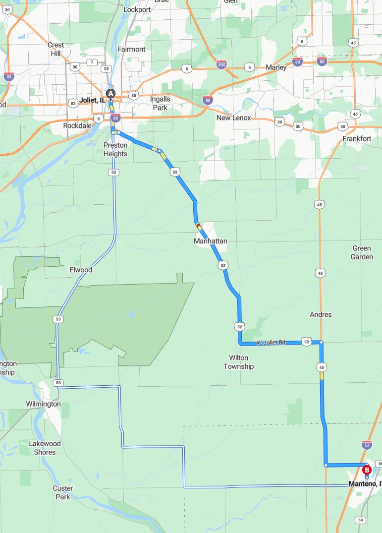 driving from Joliet, Illinois to MantenoIllinois - map and route