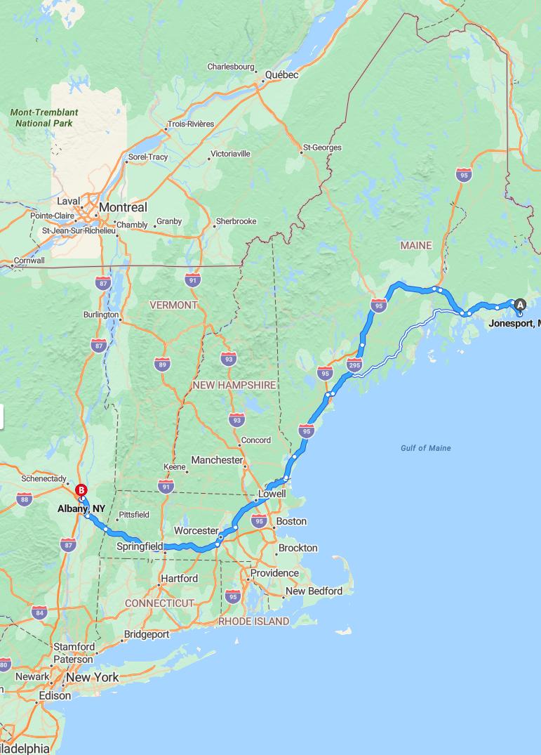 driving from Jonesport, Maine to AlbanyNew York - map and route