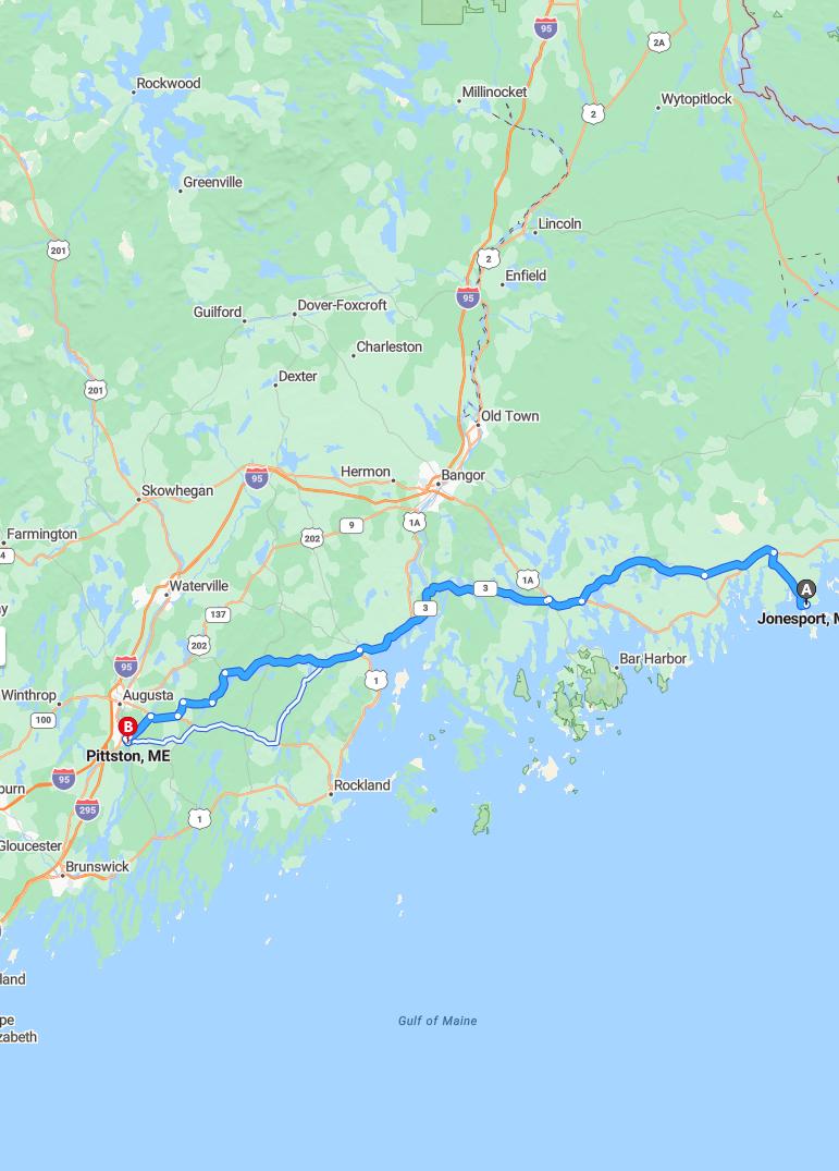 driving from Jonesport, Maine to PittstonMaine - map and route