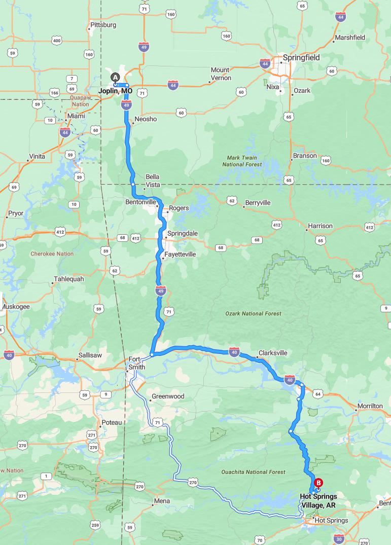 driving from Joplin, Missouri to Hot Springs VillageArkansas - map and route