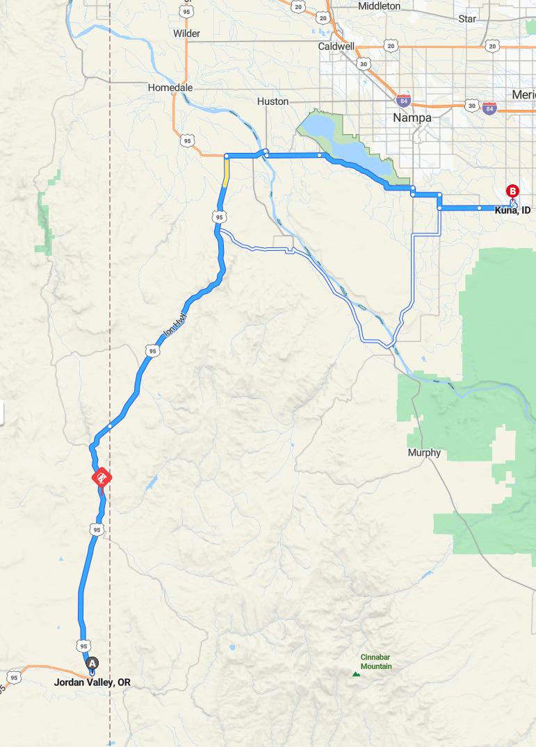 driving from Jordan Valley, Oregon to KunaIdaho - map and route