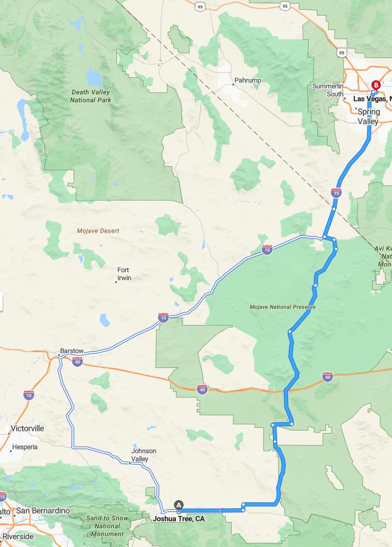 driving from Joshua Tree, California to Las VegasNevada - map and route