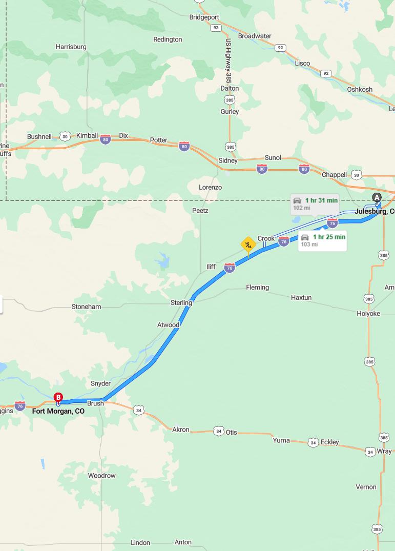 driving from Julesburg, Colorado to Fort MorganColorado - map and route