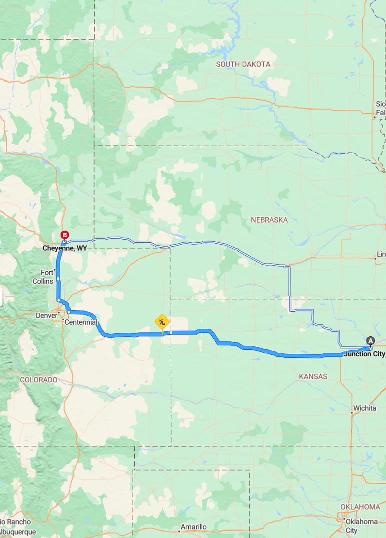 driving from Junction City, Kansas to CheyenneWyoming - map and route