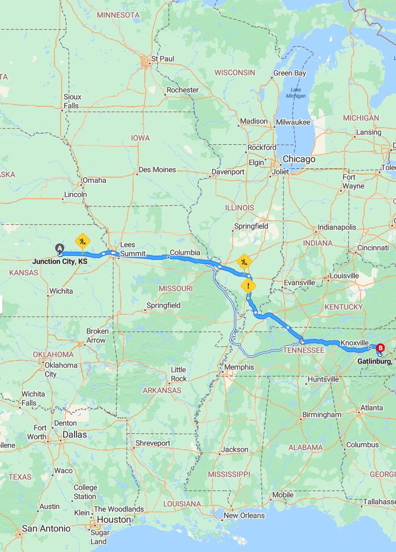 driving from Junction City, Kansas to GatlinburgTennessee - map and route