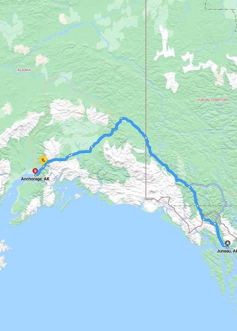 driving from Juneau, Alaska to AnchorageAlaska - map and route