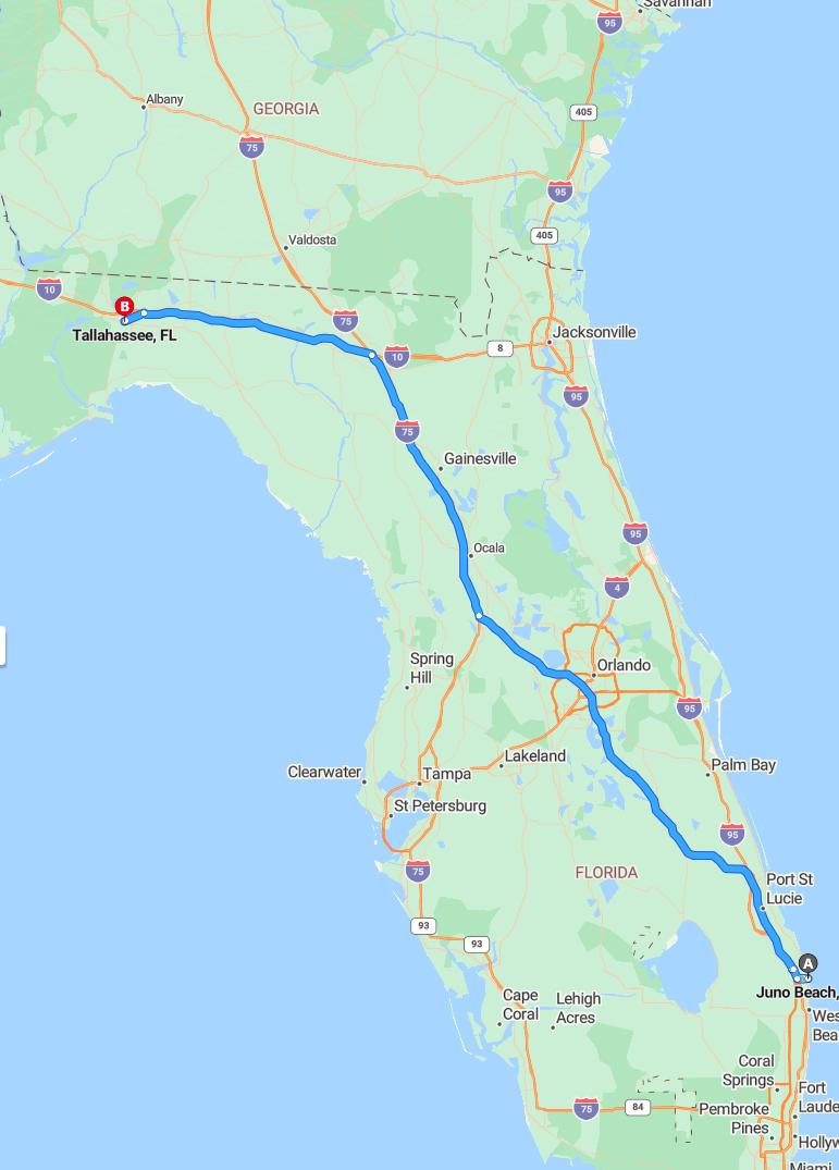 driving from Juno Beach, Florida to TallahasseeFlorida - map and route