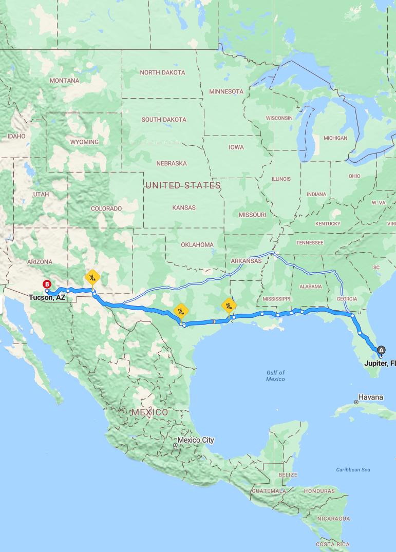 driving from Jupiter, Florida to TucsonArizona - map and route