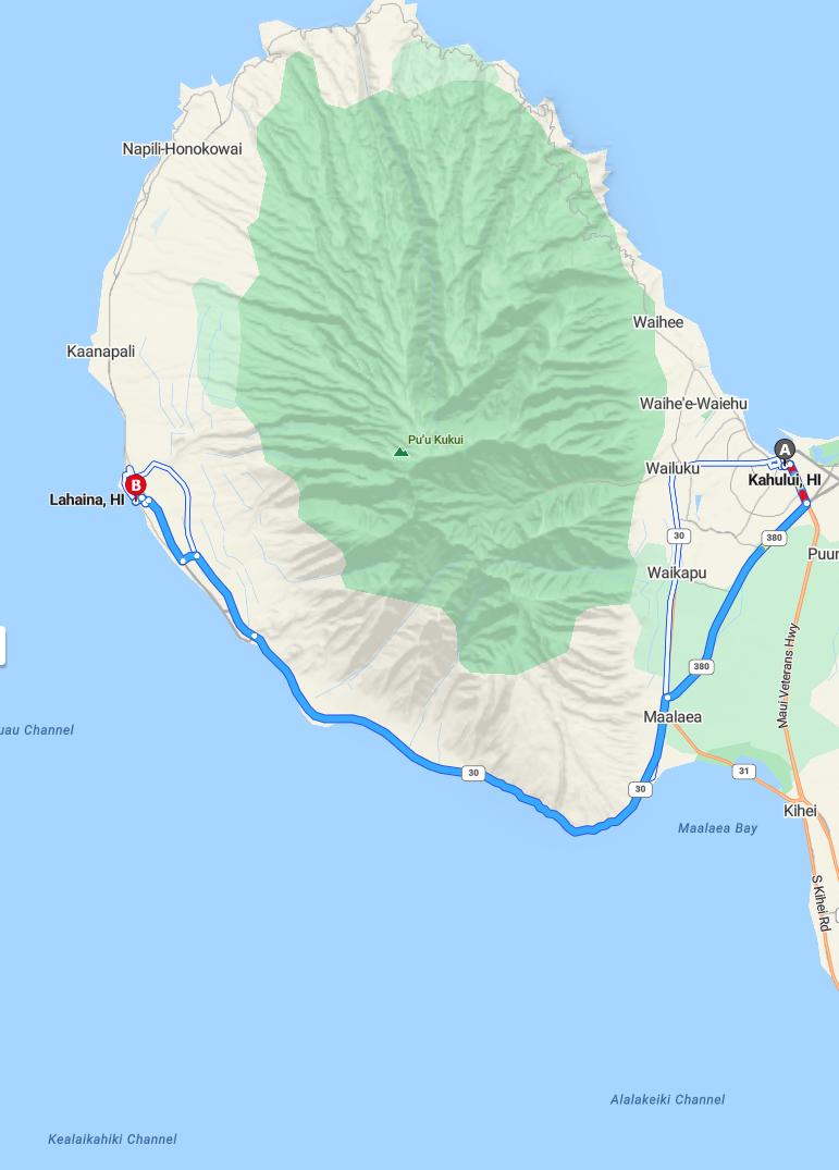 driving from Kahului, Hawaii to LahainaHawaii - map and route
