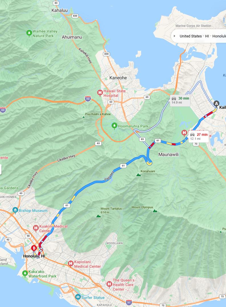 driving from Kailua, Hawaii to HonoluluHawaii - map and route