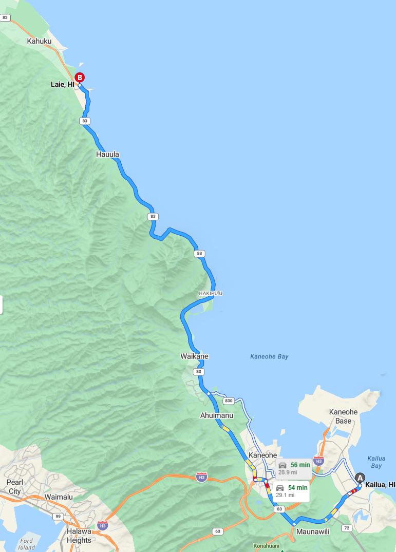 driving from Kailua, Hawaii to LaieHawaii - map and route