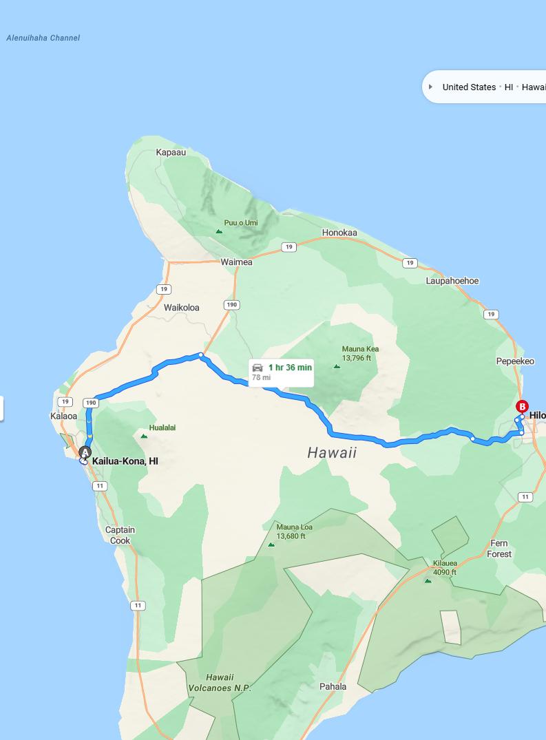driving from Kailua Kona, Hawaii to HiloHawaii - map and route