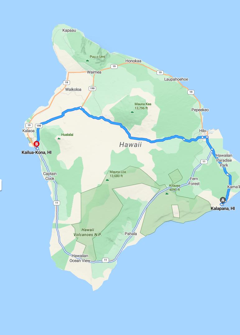 driving from Kalapana, Hawaii to KonaHawaii - map and route
