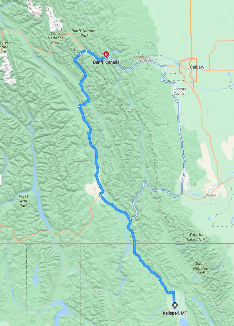 driving from Kalispell, Montana to BanffAlberta - map and route