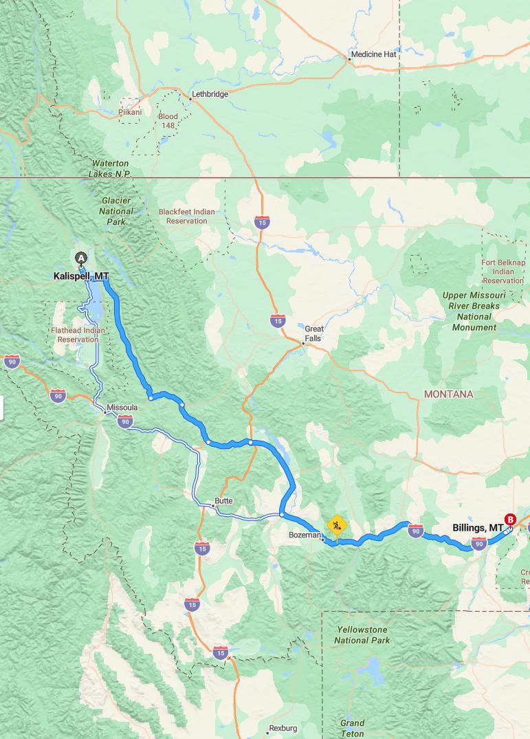 driving from Kalispell, Montana to BillingsMontana - map and route