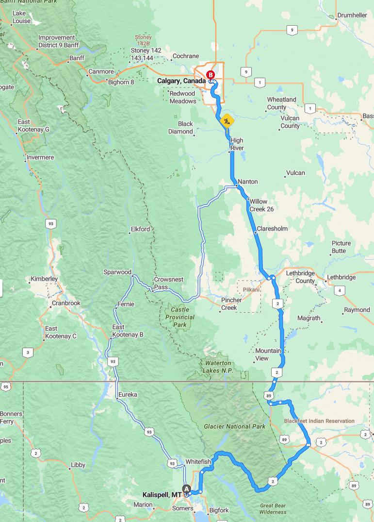driving from Kalispell, Montana to CalgaryAlberta - map and route