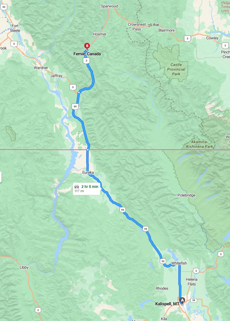 driving from Kalispell, Montana to FernieBritish Columbia - map and route