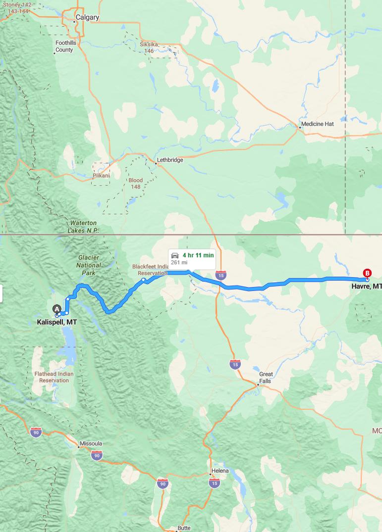 driving from Kalispell, Montana to HavreMontana - map and route