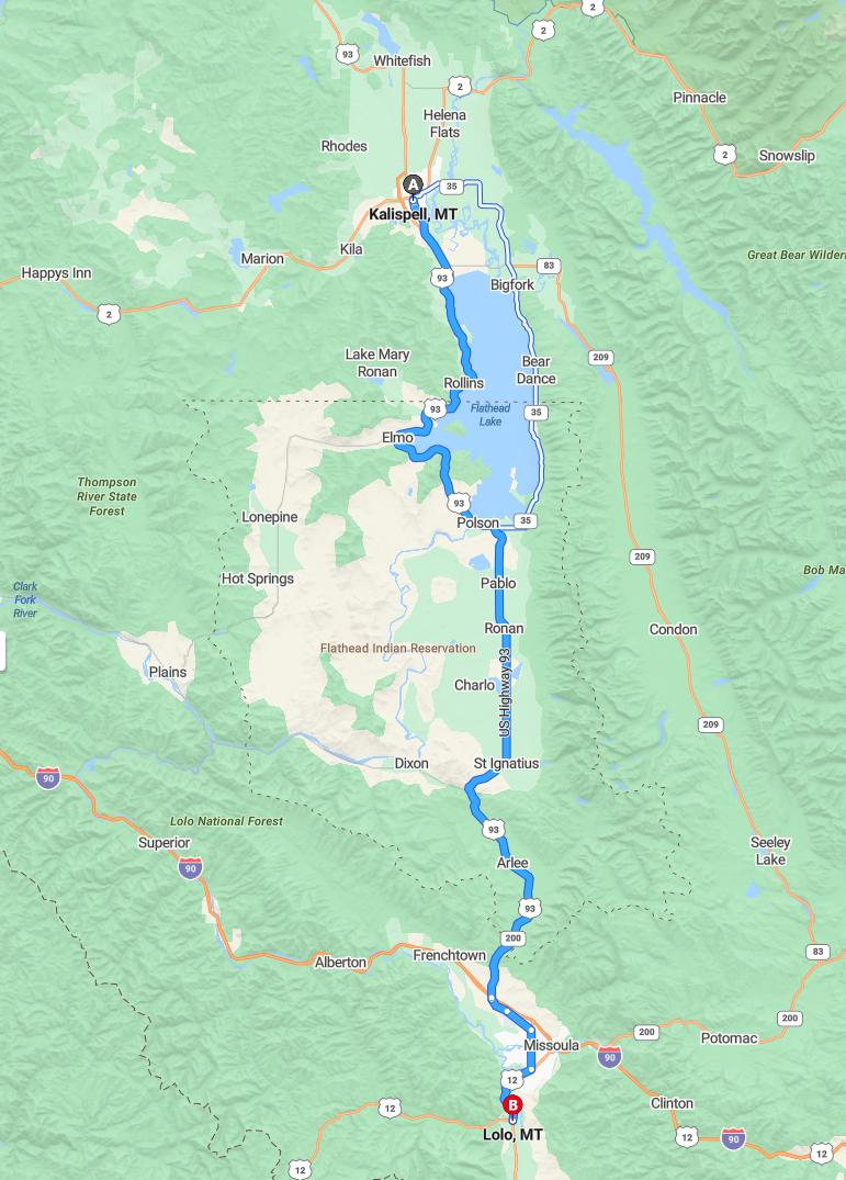 driving from Kalispell, Montana to LoloMontana - map and route