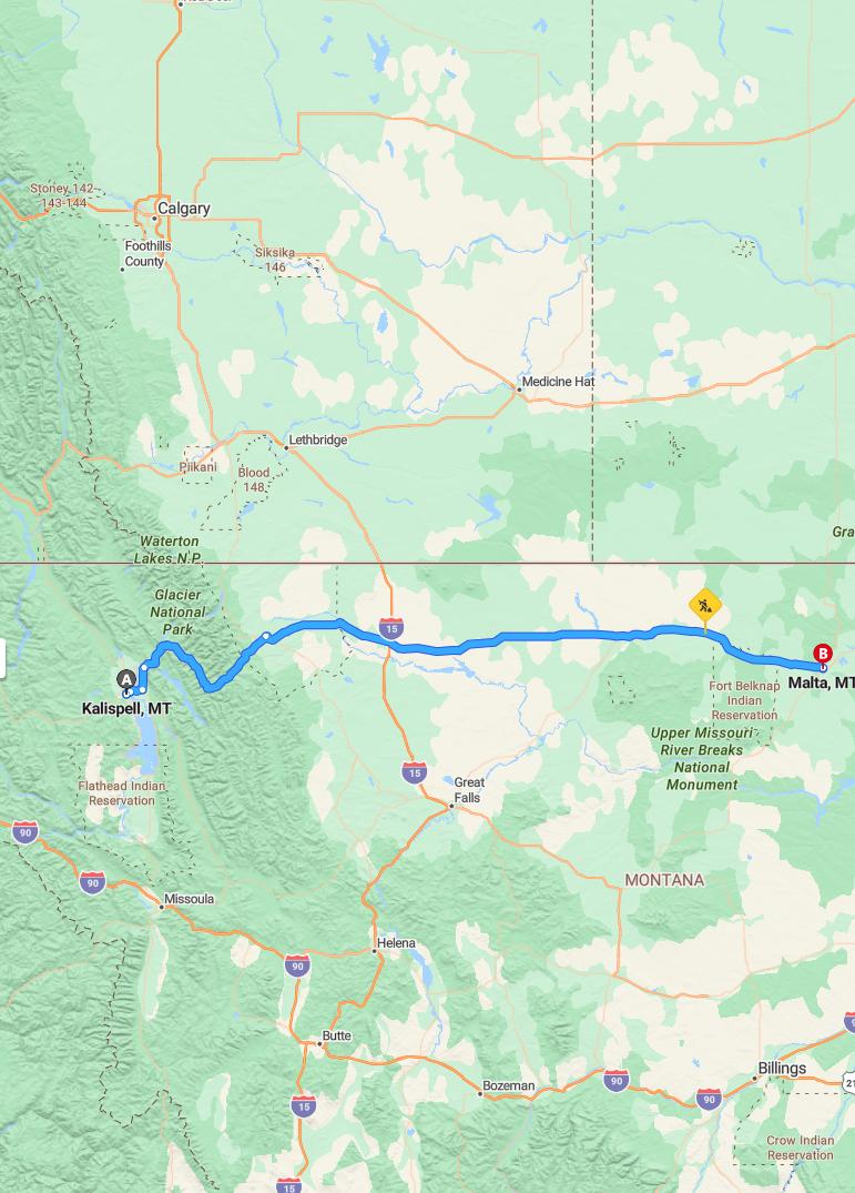 driving from Kalispell, Montana to MaltaMontana - map and route