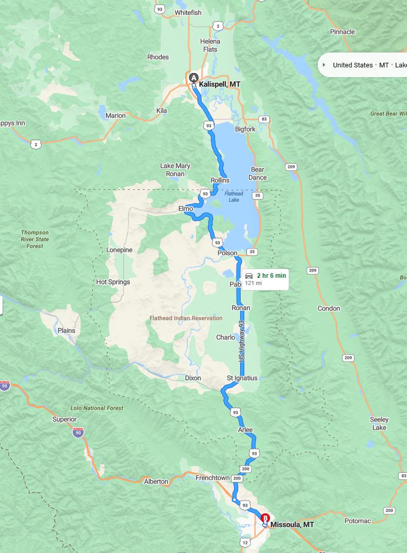 driving from Kalispell, Montana to MissoulaMontana - map and route