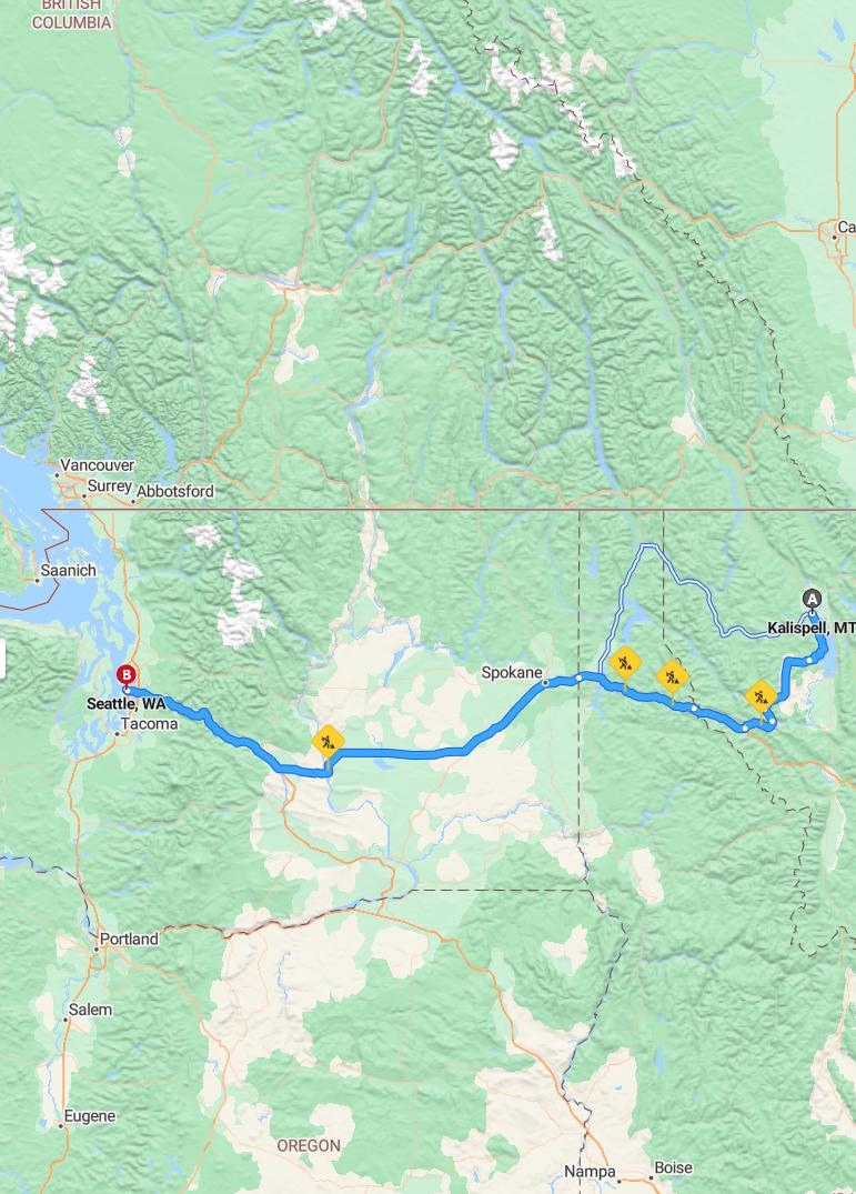 driving from Kalispell, Montana to SeattleWashington - map and route