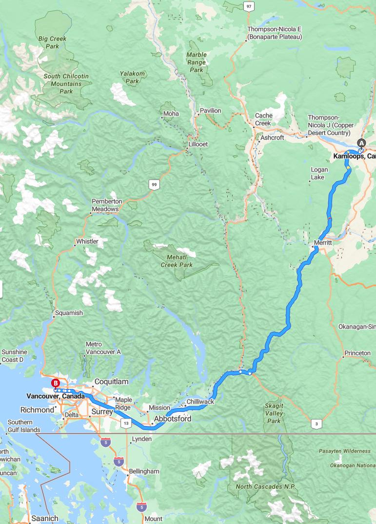 driving from Kamloops, British Columbia to VancouverBritish Columbia - map and route