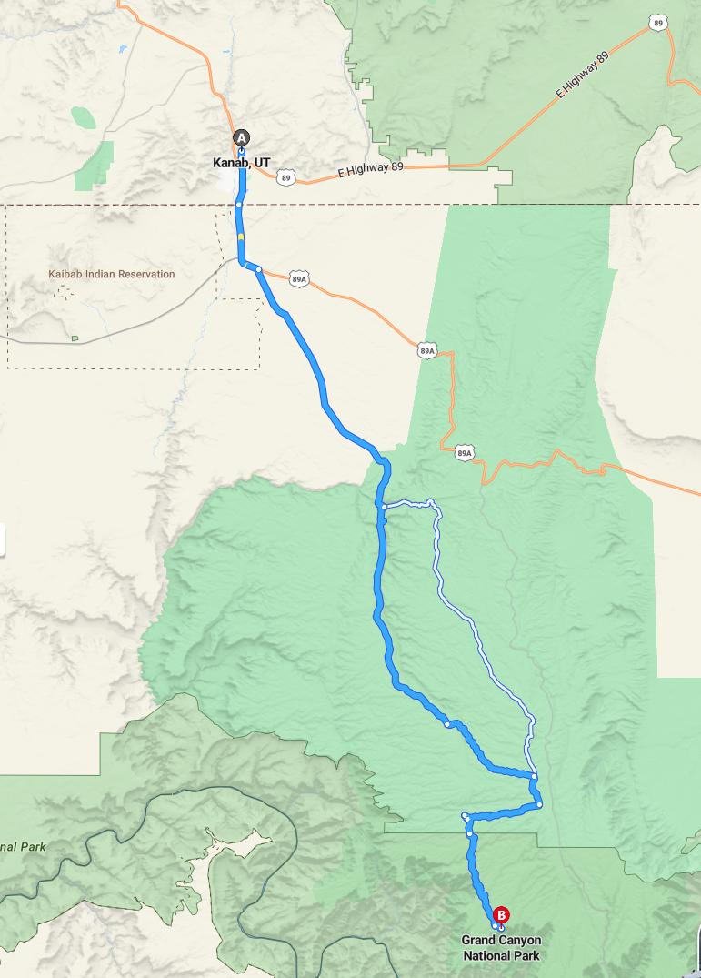 driving from Kanab, Utah to Grand Canyon North RimArizona - map and route