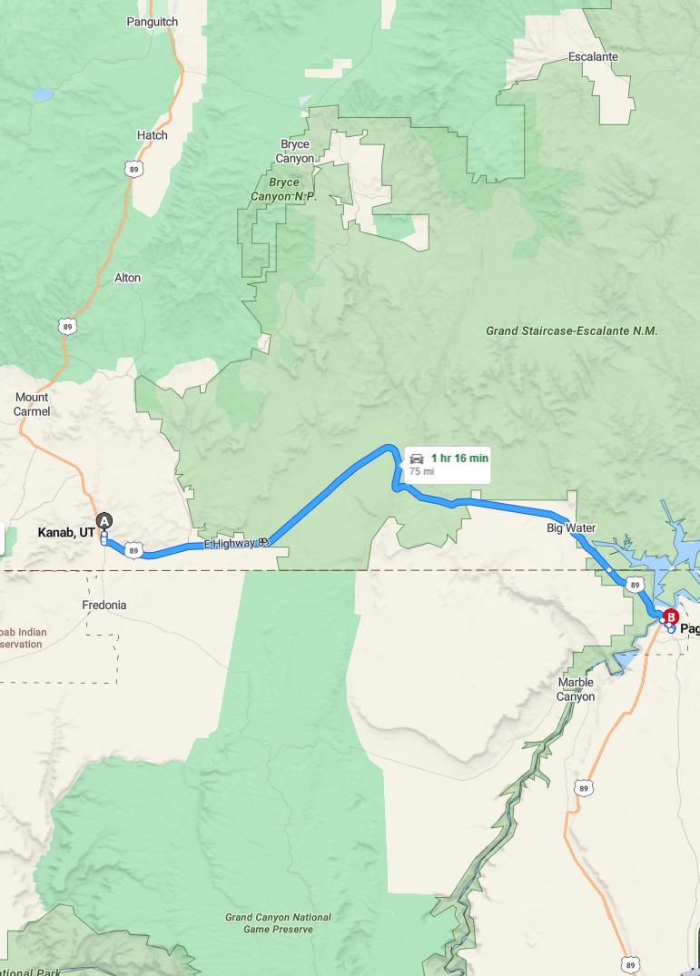 driving from Kanab, Utah to PageArizona - map and route