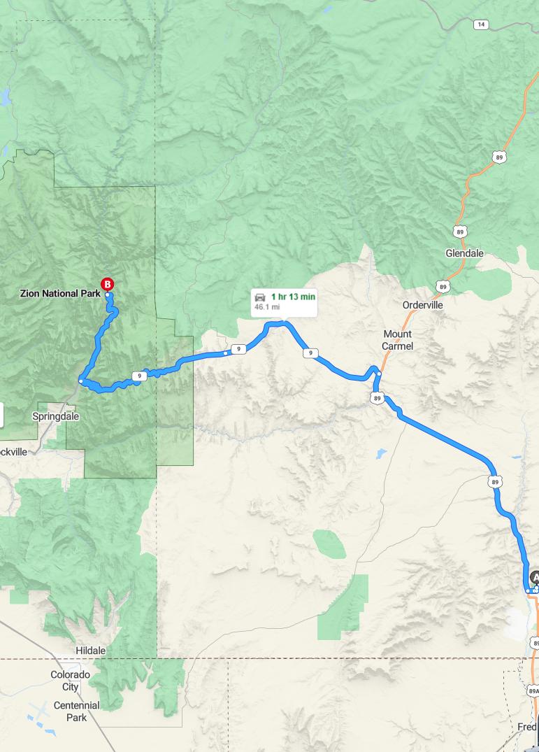 driving from Kanab, Utah to Zion National ParkUtah - map and route