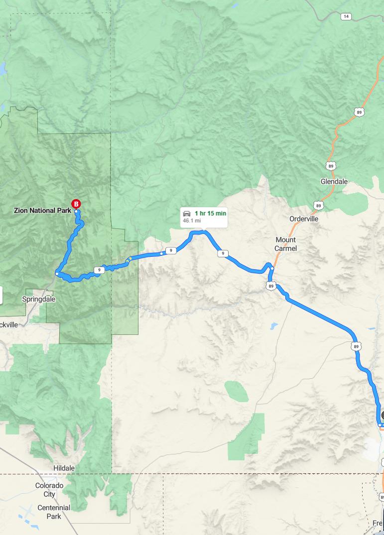 driving from Kanab, Utah to ZionUtah - map and route