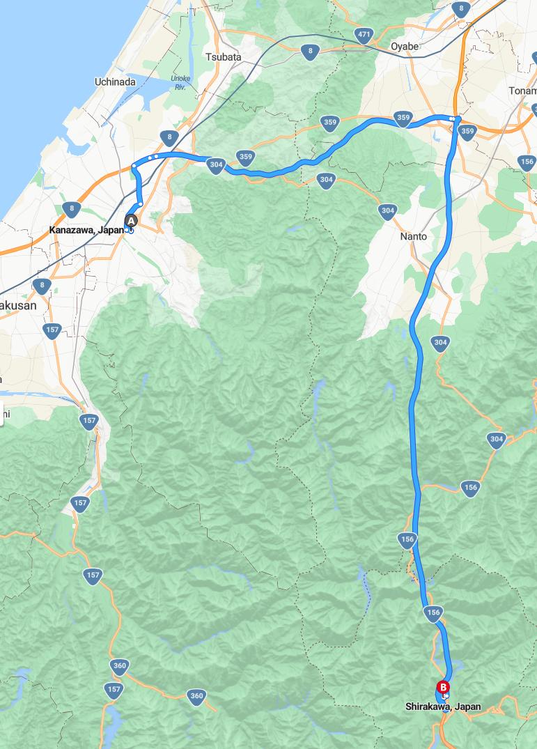 driving from Kanazawa, Ishikawa to ShirakawagoGifu - map and route