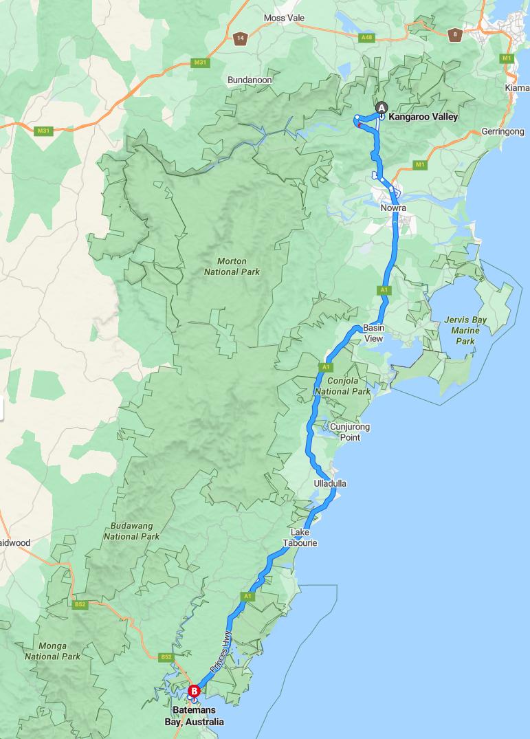 driving from Kangaroo Valley, New South Wales to Batemans BayNew South Wales - map and route