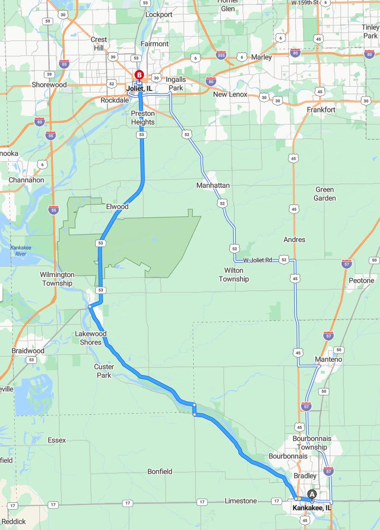 driving from Kankakee, Illinois to JolietIllinois - map and route