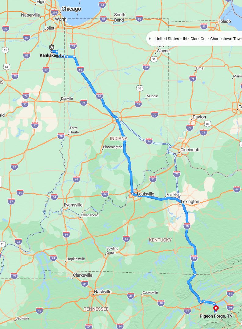 driving from Kankakee, Illinois to Pigeon ForgeTennessee - map and route