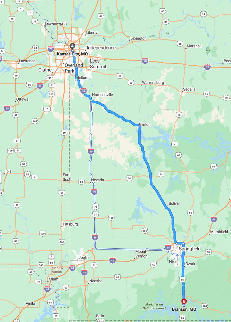 driving from Kansas City, Missouri to BransonMissouri - map and route