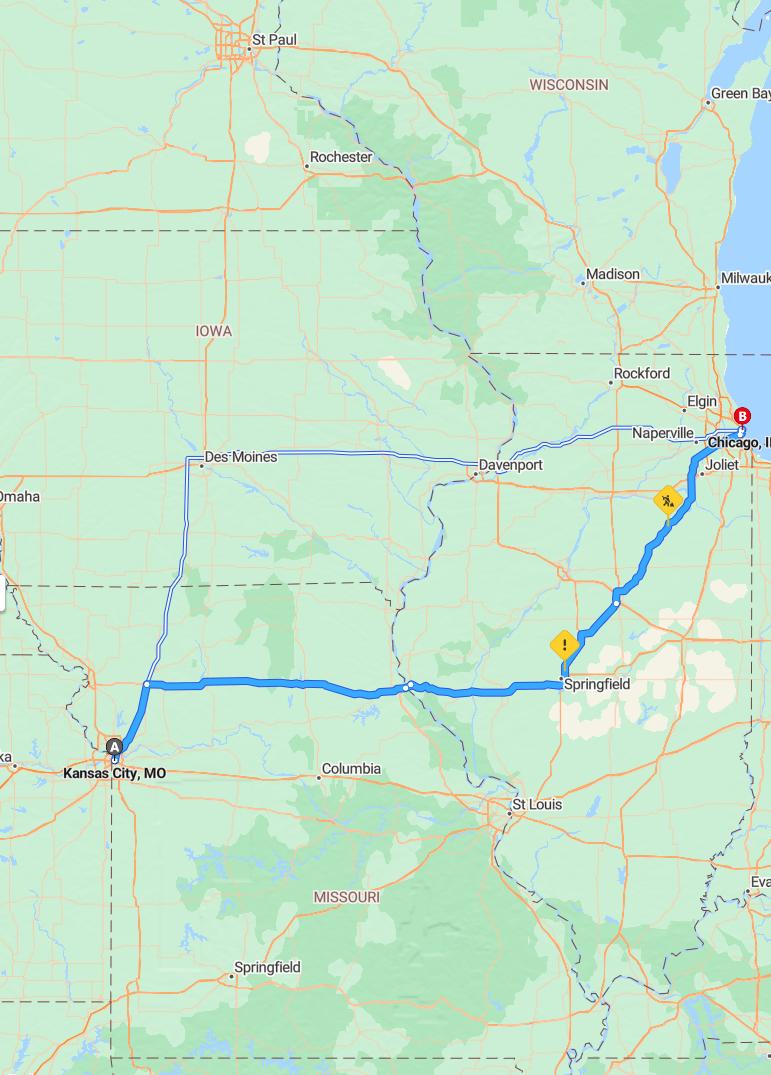 driving from Kansas City, Missouri to ChicagoIllinois - map and route