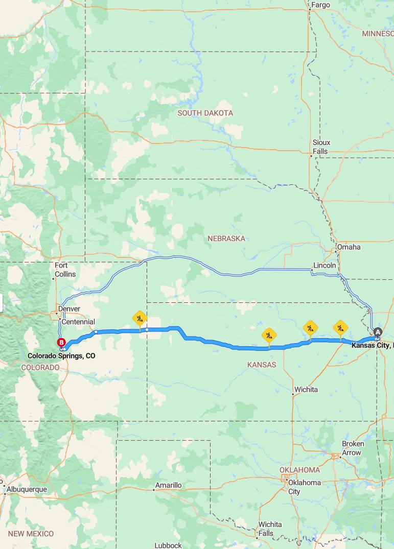 driving from Kansas City, Missouri to Colorado SpringsColorado - map and route