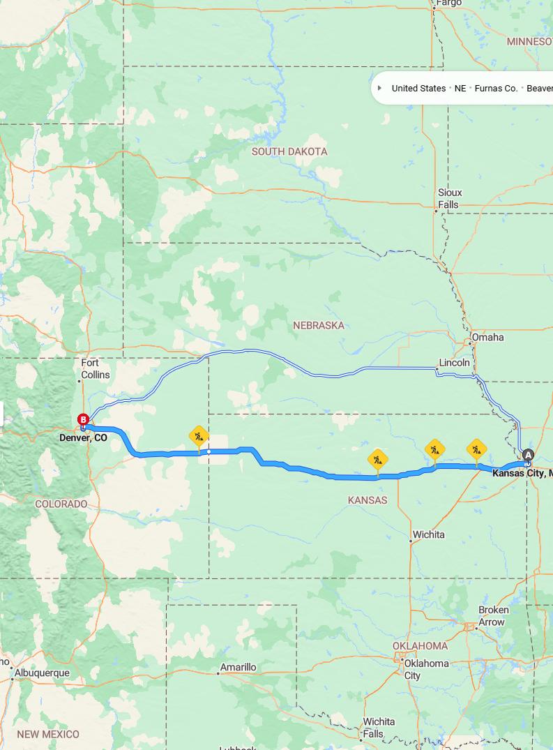 driving from Kansas City, Missouri to DenverColorado - map and route