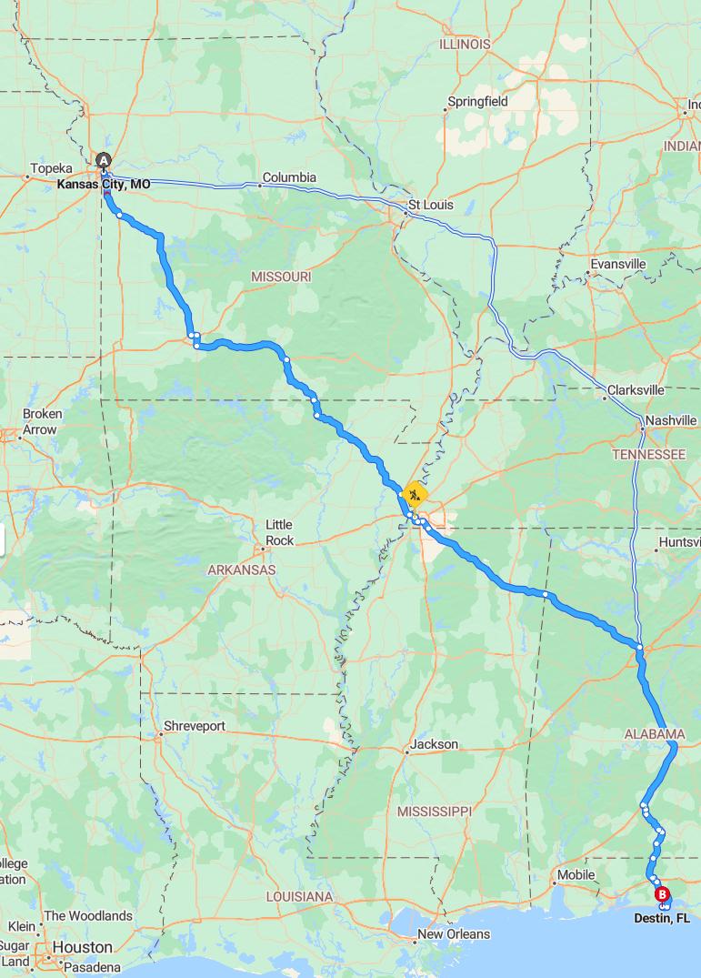 driving from Kansas City, Missouri to DestinFlorida - map and route