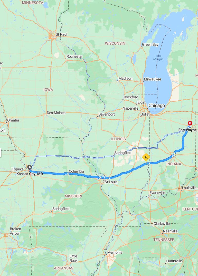 driving from Kansas City, Missouri to Fort WayneIndiana - map and route