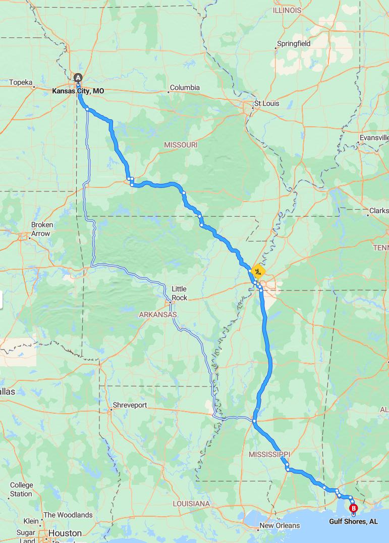 driving from Kansas City, Missouri to Gulf ShoresAlabama - map and route