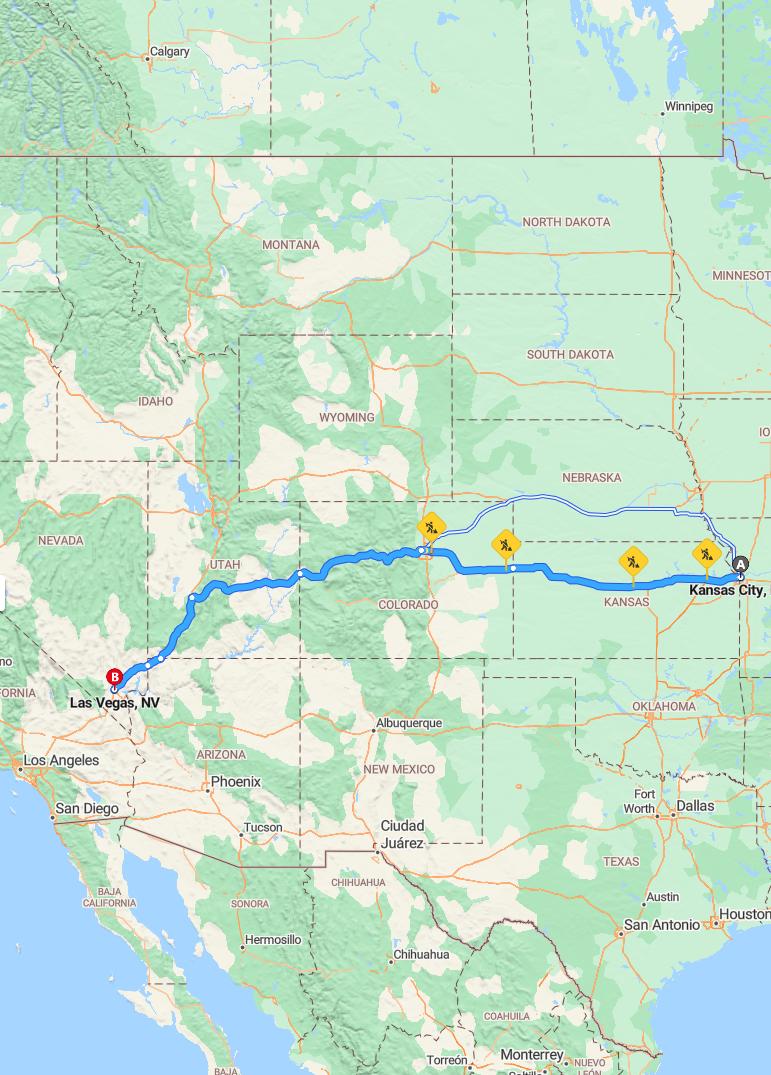 driving from Kansas City, Missouri to Las VegasNevada - map and route